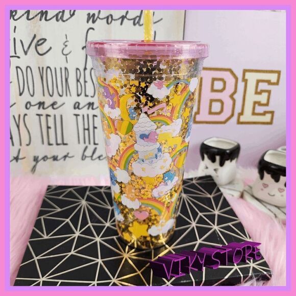 NWT {Care Bears}  Joyful Journeys: Gold Confetti Travel Cup 32 oz - Picture 1 of 5